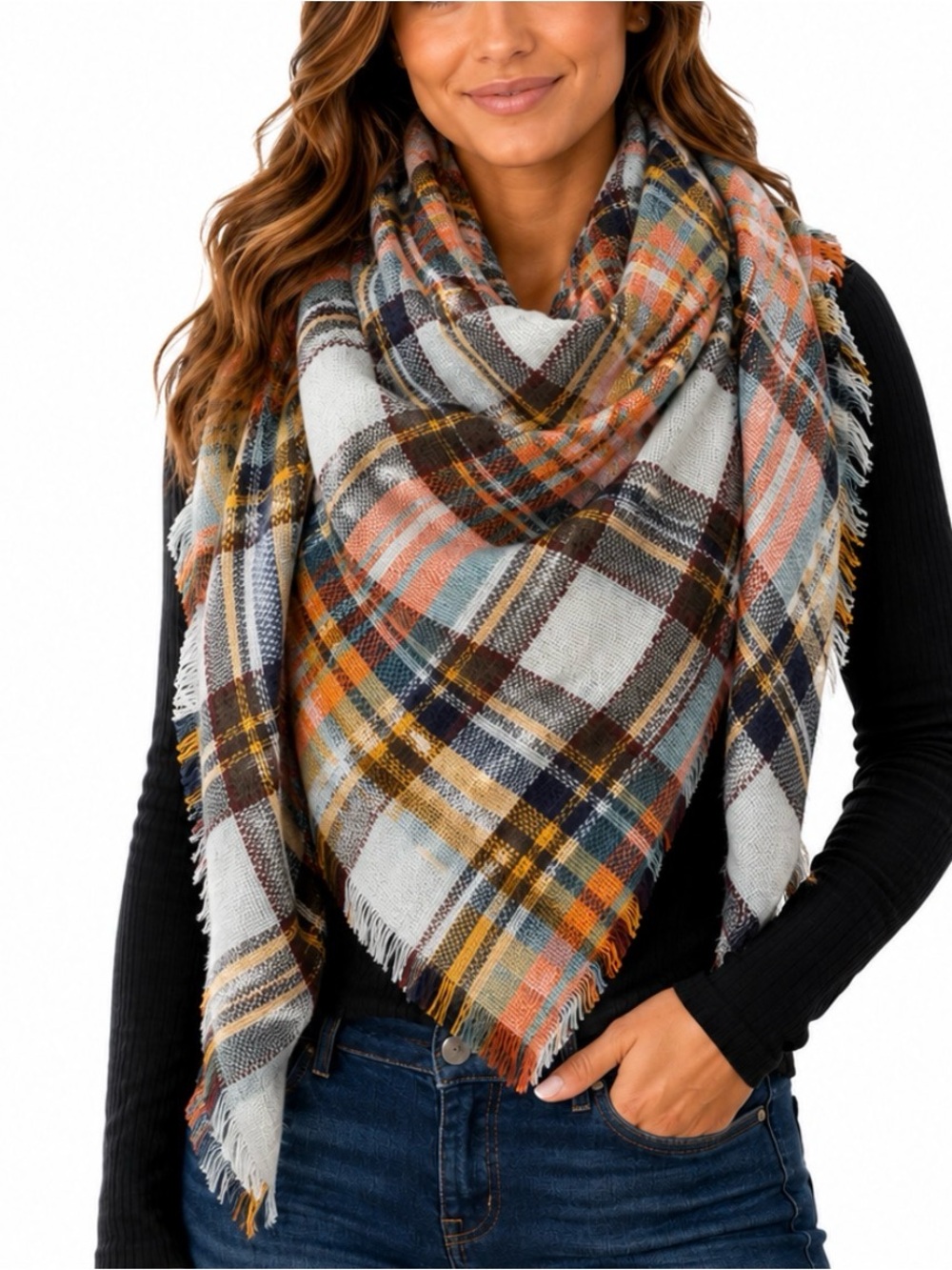 Hobby Lobby Plaid Fringe Blanke/scarft in Pastel Blue, Mustard & Coral oversized